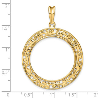 14k Yellow Gold Polished 27mm Curved Filigree Prong Coin Bezel Pendant - Fits 1/2 oz American Eagle, US $10 Liberty, and Other Coins