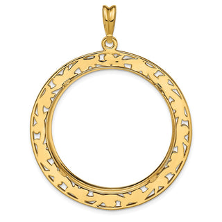 14k Yellow Gold Polished 32.7mm Curved Filigree Prong Coin Bezel Pendant - Fits 1 oz American Eagle, 1 oz Cat, and 1 oz Krugerrand
