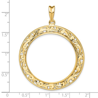 14k Yellow Gold Polished 32.7mm Curved Filigree Prong Coin Bezel Pendant - Fits 1 oz American Eagle, 1 oz Cat, and 1 oz Krugerrand