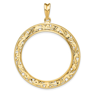 14k Yellow Gold Polished 32.7mm Curved Filigree Prong Coin Bezel Pendant - Fits 1 oz American Eagle, 1 oz Cat, and 1 oz Krugerrand
