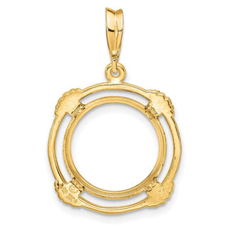 14k Yellow Gold 14mm Polished w/ Satin Shell Spokes Prong Coin Bezel Pendant - Fits 1/20 oz Maple Leaf and Other Coins