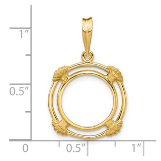 14k Yellow Gold 14mm Polished w/ Satin Shell Spokes Prong Coin Bezel Pendant - Fits 1/20 oz Maple Leaf and Other Coins