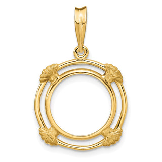 14k Yellow Gold 14mm Polished w/ Satin Shell Spokes Prong Coin Bezel Pendant - Fits 1/20 oz Maple Leaf and Other Coins