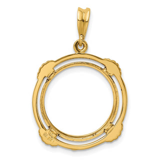 14k Yellow Gold 16.5mm Polished w/ Satin Shell Spokes Prong Coin Bezel Pendant - Fits 1/10 oz American Eagle and 1/10 oz Krugerrand
