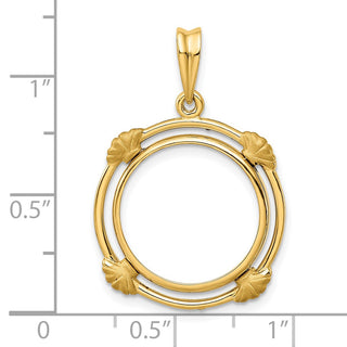 14k Yellow Gold 16.5mm Polished w/ Satin Shell Spokes Prong Coin Bezel Pendant - Fits 1/10 oz American Eagle and 1/10 oz Krugerrand