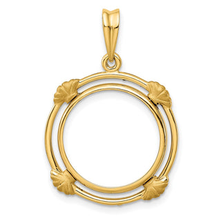 14k Yellow Gold 16.5mm Polished w/ Satin Shell Spokes Prong Coin Bezel Pendant - Fits 1/10 oz American Eagle and 1/10 oz Krugerrand