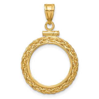 14k Yellow Gold 3mm Wheat Chain Screw Top 16mm Coin Bezel Pendant - Fits 1/10 oz Maple Leaf, Maple Leaf, and Other Coins