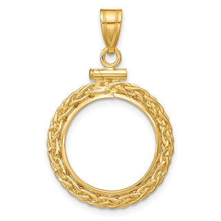 14k Yellow Gold 3mm Wheat Chain Screw Top 16mm Coin Bezel Pendant - Fits 1/10 oz Maple Leaf, Maple Leaf, and Other Coins