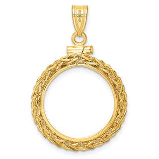 14k Yellow Gold 3mm Wheat Chain Screw Top 18mm Coin Bezel Pendant - Fits 1/10 oz Cat, 1/10 oz Panda, and US Dime