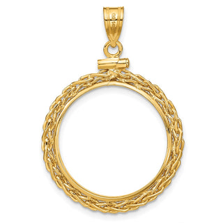 14k Yellow Gold 3mm Wheat Chain Screw Top 22mm Coin Bezel Pendant - Fits 1/4 oz American Eagle and Other Coins