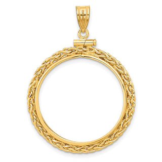 14k Yellow Gold 3mm Wheat Chain Screw Top 25.0mm Coin Bezel Pendant - Fits 1/2 oz Maple Leaf and Other Coins