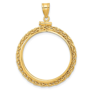 14k Yellow Gold 3mm Wheat Chain Screw Top 25.0mm Coin Bezel Pendant - Fits 1/2 oz Maple Leaf and Other Coins