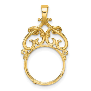 14k Yellow Gold Polished Fancy Filigree Top and Diamond-cut 13.0mm Prong Coin Bezel Pendant - Fits 2 Pesos