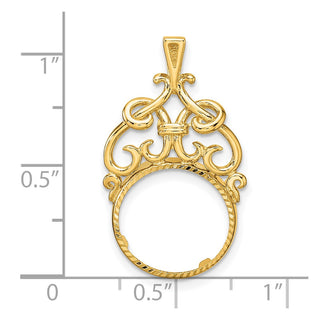 14k Yellow Gold Polished Fancy Filigree Top and Diamond-cut 13.0mm Prong Coin Bezel Pendant - Fits 2 Pesos
