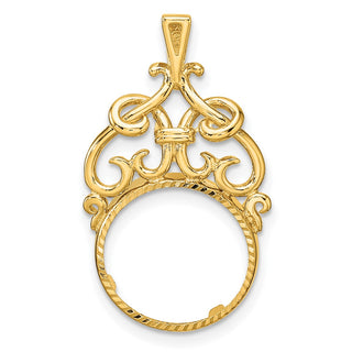 14k Yellow Gold Polished Fancy Filigree Top and Diamond-cut 13.0mm Prong Coin Bezel Pendant - Fits 2 Pesos
