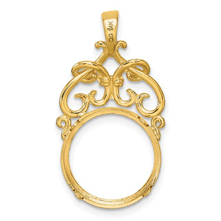 14k Yellow Gold Polished Fancy Filigree Top and Diamond-cut 14.0mm Prong Coin Bezel Pendant - Fits 1/20 oz Maple Leaf and Other Coins