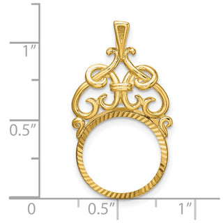 14k Yellow Gold Polished Fancy Filigree Top and Diamond-cut 14.0mm Prong Coin Bezel Pendant - Fits 1/20 oz Maple Leaf and Other Coins