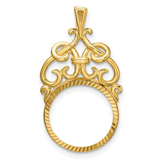 14k Yellow Gold Polished Fancy Filigree Top and Diamond-cut 14.0mm Prong Coin Bezel Pendant - Fits 1/20 oz Maple Leaf and Other Coins
