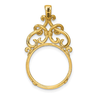 14k Yellow Gold Polished Fancy Filigree Top and Diamond-cut 16.5mm Prong Coin Bezel Pendant - Fits 1/10 oz American Eagle and 1/10 oz Krugerrand
