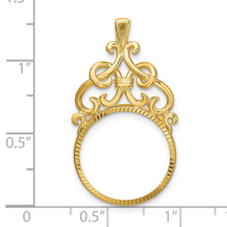 14k Yellow Gold Polished Fancy Filigree Top and Diamond-cut 16.5mm Prong Coin Bezel Pendant - Fits 1/10 oz American Eagle and 1/10 oz Krugerrand