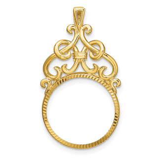 14k Yellow Gold Polished Fancy Filigree Top and Diamond-cut 16.5mm Prong Coin Bezel Pendant - Fits 1/10 oz American Eagle and 1/10 oz Krugerrand