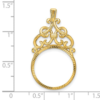 14k Yellow Gold Polished Fancy Filigree Top and Diamond-cut 17.8mm Prong Coin Bezel Pendant - Fits US $2.50 Liberty and Other Coins