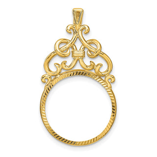 14k Yellow Gold Polished Fancy Filigree Top and Diamond-cut 17.8mm Prong Coin Bezel Pendant - Fits US $2.50 Liberty and Other Coins