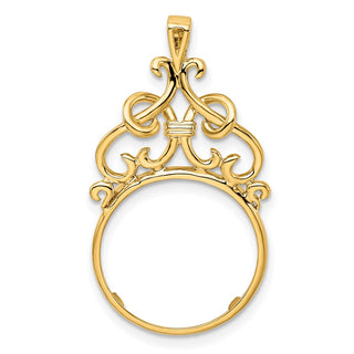14k Yellow Gold 14mm Filigree Top Prong Coin Bezel Pendant - Fits 1/20 oz Maple Leaf and Other Coins