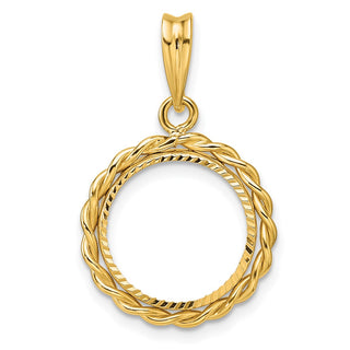 14k Yellow Gold Diamond-cut with Twisted Wire 13.0mm Prong Coin Bezel Pendant - Fits 2 Pesos