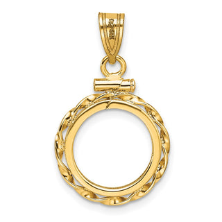 14k Yellow Gold Polished Hand Twisted Ribbon and Diamond-cut 13.0mm x 1.1mm Screw Top Coin Bezel Pendant - Fits 2 Pesos