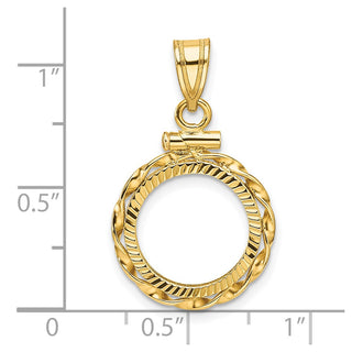 14k Yellow Gold Polished Hand Twisted Ribbon and Diamond-cut 13.0mm x 1.1mm Screw Top Coin Bezel Pendant - Fits 2 Pesos