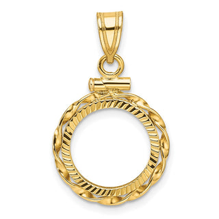 14k Yellow Gold Polished Hand Twisted Ribbon and Diamond-cut 13.0mm x 1.1mm Screw Top Coin Bezel Pendant - Fits 2 Pesos