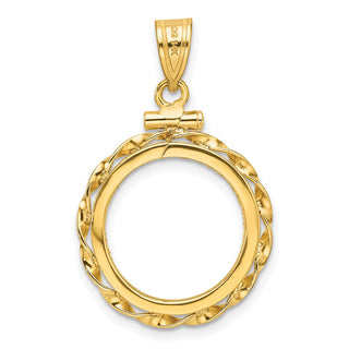 14k Yellow Gold Polished Hand Twisted Ribbon and Diamond-cut 16.0mm x 1.35mm Screw Top Coin Bezel Pendant - Fits Maple Leaf