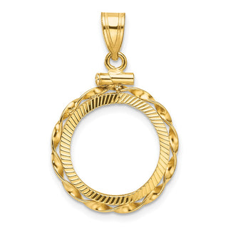 14k Yellow Gold Polished Hand Twisted Ribbon and Diamond-cut 16.0mm x 1.35mm Screw Top Coin Bezel Pendant - Fits Maple Leaf