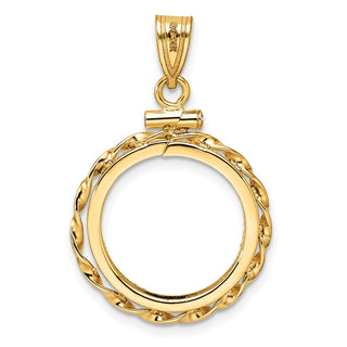 14k Yellow Gold Polished Hand Twisted Ribbon and Diamond-cut 16.5mm x 1.35mm Screw Top Coin Bezel Pendant - Fits 1/10 oz American Eagle and 1/10 oz Krugerrand