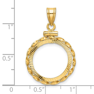 14k Yellow Gold Polished Hand Twisted Ribbon and Diamond-cut 16.5mm x 1.35mm Screw Top Coin Bezel Pendant - Fits 1/10 oz American Eagle and 1/10 oz Krugerrand