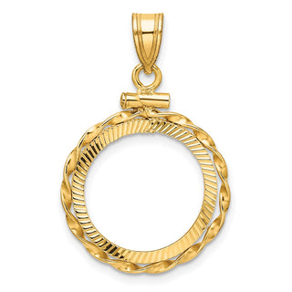 14k Yellow Gold Polished Hand Twisted Ribbon and Diamond-cut 16.5mm x 1.35mm Screw Top Coin Bezel Pendant - Fits 1/10 oz American Eagle and 1/10 oz Krugerrand