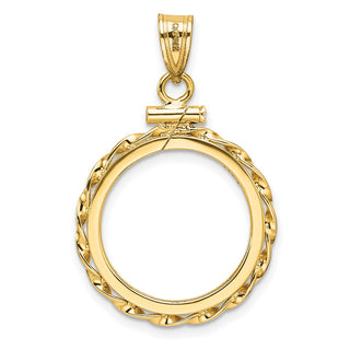 14k Yellow Gold Polished Hand Twisted Ribbon and Diamond-cut 17.8mm x 1.35mm Screw Top Coin Bezel Pendant - Fits US $2.50 Liberty and Other Coins