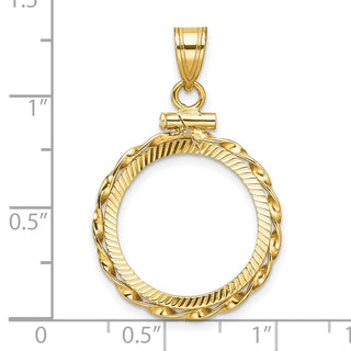 14k Yellow Gold Polished Hand Twisted Ribbon and Diamond-cut 17.8mm x 1.35mm Screw Top Coin Bezel Pendant - Fits US $2.50 Liberty and Other Coins