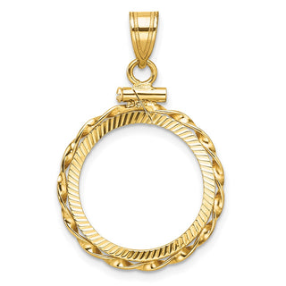 14k Yellow Gold Polished Hand Twisted Ribbon and Diamond-cut 17.8mm x 1.35mm Screw Top Coin Bezel Pendant - Fits US $2.50 Liberty and Other Coins