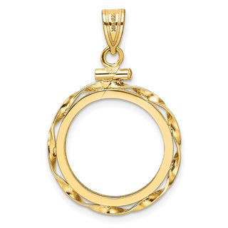 14k Yellow Gold Polished Hand Twisted Ribbon and Diamond-cut 18.0mm x 1.35mm Screw Top Coin Bezel Pendant - Fits 1/10 oz Cat, 1/10 oz Panda, and US Dime