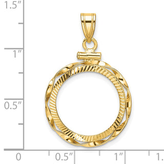 14k Yellow Gold Polished Hand Twisted Ribbon and Diamond-cut 18.0mm x 1.35mm Screw Top Coin Bezel Pendant - Fits 1/10 oz Cat, 1/10 oz Panda, and US Dime