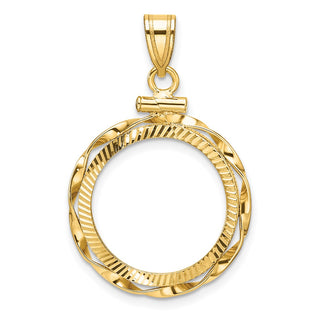 14k Yellow Gold Polished Hand Twisted Ribbon and Diamond-cut 18.0mm x 1.35mm Screw Top Coin Bezel Pendant - Fits 1/10 oz Cat, 1/10 oz Panda, and US Dime