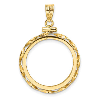14k Yellow Gold Polished Hand Twisted Ribbon and Diamond-cut 21.6mm x 1.7mm Screw Top Coin Bezel Pendant - Fits US $5 Bald Eagle, US $5 Congressional, US $5 Liberty, and Other Coins