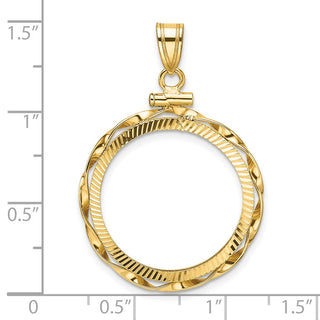 14k Yellow Gold Polished Hand Twisted Ribbon and Diamond-cut 21.6mm x 1.7mm Screw Top Coin Bezel Pendant - Fits US $5 Bald Eagle, US $5 Congressional, US $5 Liberty, and Other Coins
