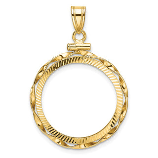 14k Yellow Gold Polished Hand Twisted Ribbon and Diamond-cut 21.6mm x 1.7mm Screw Top Coin Bezel Pendant - Fits US $5 Bald Eagle, US $5 Congressional, US $5 Liberty, and Other Coins