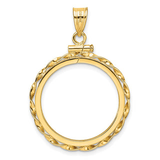 14k Yellow Gold Polished Hand Twisted Ribbon and Diamond-cut 22.0mm x 1.9mm Screw Top Coin Bezel Pendant - Fits 1/4 oz American Eagle and Other Coins