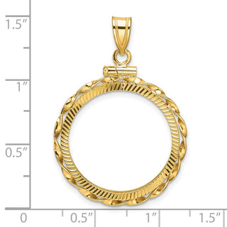 14k Yellow Gold Polished Hand Twisted Ribbon and Diamond-cut 22.0mm x 1.9mm Screw Top Coin Bezel Pendant - Fits 1/4 oz American Eagle and Other Coins