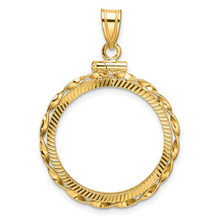 14k Yellow Gold Polished Hand Twisted Ribbon and Diamond-cut 22.0mm x 1.9mm Screw Top Coin Bezel Pendant - Fits 1/4 oz American Eagle and Other Coins