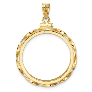 14k Yellow Gold Polished Hand Twisted Ribbon and Diamond-cut 25.0mm x 2.35mm Screw Top Coin Bezel Pendant - Fits 1/2 oz Maple Leaf and Other Coins
